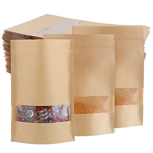 TsunNee 60PCS Kraftpapier aufrecht stehende Lebensmittelbeutel, Kraftpapier-Lebensmittelaufbewahrungstüten, wiederverwendbare Druckverschlussbeutel Verpackungsbeutel mit transparentem Fenster, 18x26cm von TsunNee