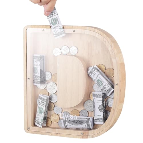 TsunNee Holz Brief Spardose Sparschwein Kreative Brief Münzbank Spardose mit Klare Alphabet Aufkleber, Spardose für Kinder Weihnachten Geburtstagsgeschenk Home DIY Dekoration (Helles Holz D, L) von TsunNee