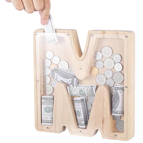 TsunNee Holz Brief Spardose Sparschwein Kreative Brief Münzbank Spardose mit Klare Alphabet Aufkleber, Spardose für Kinder Weihnachten Geburtstagsgeschenk Home DIY Dekoration (Helles Holz M, L) von TsunNee