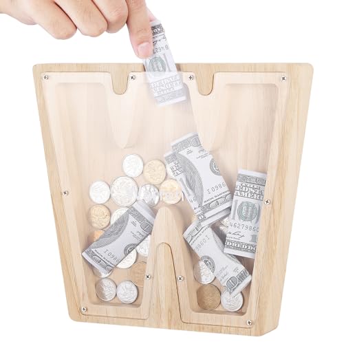 TsunNee Holz Brief Spardose Sparschwein Kreative Brief Münzbank Spardose mit Klare Alphabet Aufkleber, Spardose für Kinder Weihnachten Geburtstagsgeschenk Home DIY Dekoration (Helles Holz W, L) von TsunNee