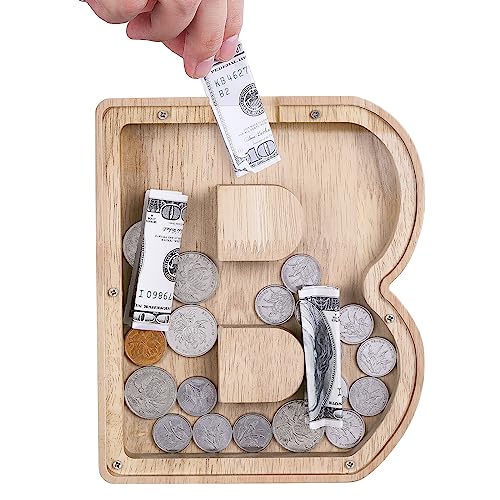 TsunNee Holz Brief Spardose Sparschwein Kreative Brief Münzbank Spardose mit Klare Alphabet Aufkleber, Spardose für Kinder Weihnachten Geburtstagsgeschenk Home DIY Dekoration (Helles Holz B, S) von TsunNee