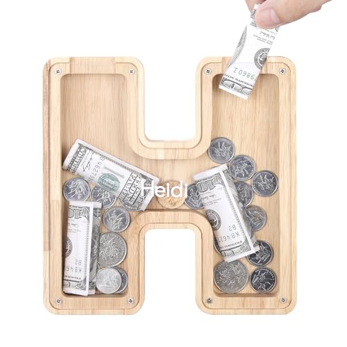 TsunNee Holz Brief Spardose Sparschwein Kreative Brief Münzbank Spardose mit Klare Alphabet Aufkleber, Spardose für Kinder Weihnachten Geburtstagsgeschenk Home DIY Dekoration (Helles Holz H, S) von TsunNee