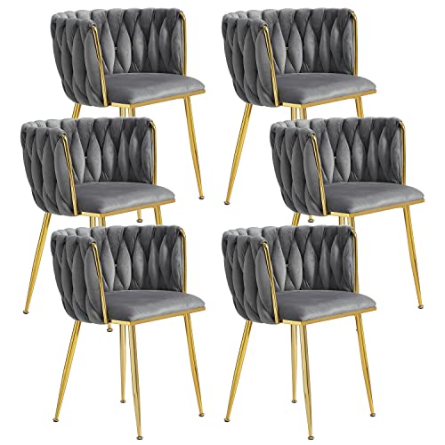 Tsuysi Esszimmerstühle aus Samt, 6er Set, Moderne gepolsterte Esszimmerstühle mit goldenen Metallbeinen und gewebter Rückenlehne für Esszimmer, Küche, Waschtisch, Wohnzimmer(Grau) von Tsuysi