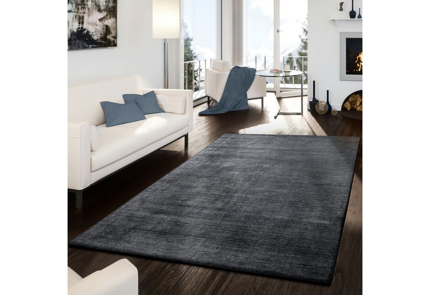 Designteppich Teppich Handgemacht Modern Edel Hochwertig Viskose Baumwolle Meliert Grau, TT Home, rechteckig, Höhe: 13 mm von Tt Home