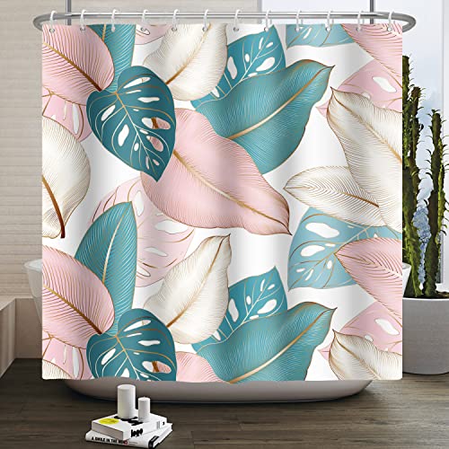 Ttincceer 152x183cm Abstrakte Blatt Duschvorhang Blau Rosa Abstrakte Tropische Pflanze Blatt Bad Vorhang Bohemian Mid-Century Art Badezimmer Vorhang Wasserdicht Badewanne Vorhang von Ttincceer