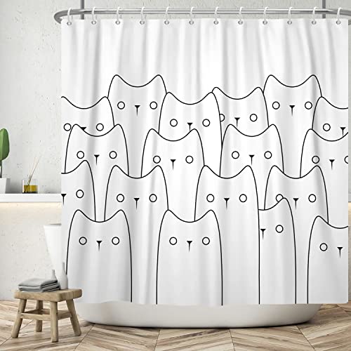Ttincceer 152x183cm Abstrakte Katze Bad Vorhang Stick Figur Hand gezeichnet Lustige Katze Kopf Duschvorhang Set Abstrakte Tier Badezimmer Dekoration Wasserdicht Badewanne Vorhang von Ttincceer