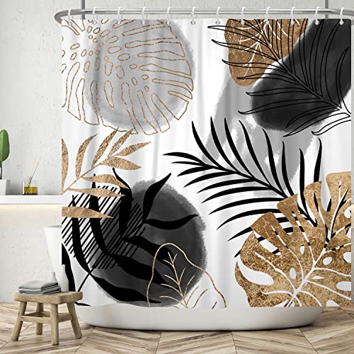 Ttincceer 152x183cm Abstrakte Pflanze Blatt Duschvorhang Set, Schwarz Gold Palm Monstera Blatt Badezimmer Vorhang Abstrakte Tropische Pflanze Duschvorhänge Waschbar Badewanne Vorhang von Ttincceer