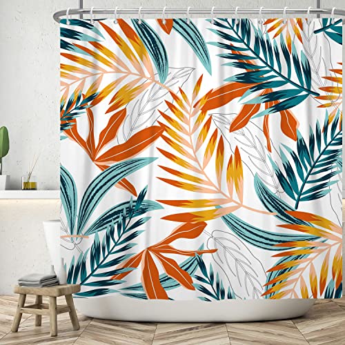 Ttincceer 152x183cm Aquarell Blatt Duschvorhang Orange Grün Palm Leaf Tropische Pflanze Badezimmer Vorhang Bunte Pflanze Blätter Duschvorhänge Wasserdicht Badewanne Vorhang von Ttincceer