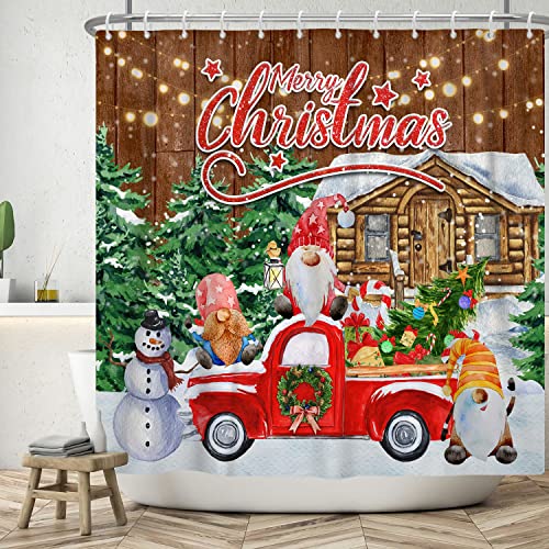 Ttincceer 152x183cm Frohe Weihnachten Duschvorhang Rot LKW Gnom Pflanze Badezimmer Vorhang Vintage Holzboden Haus Weihnachtsbaum Duschvorhänge Wasserdicht Badewanne Vorhang von Ttincceer