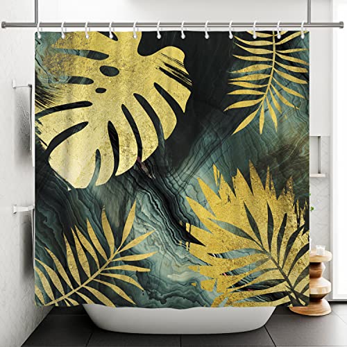 Ttincceer 152x183cm Gold Leaf Abstract Duschvorhang Mid-Century Tropical Plant Leaf Badezimmer Vorhang Tinte Schwarzer Hintergrund Gold Palm Leaf Duschvorhänge Wasserdicht Badewanne Vorhang von Ttincceer