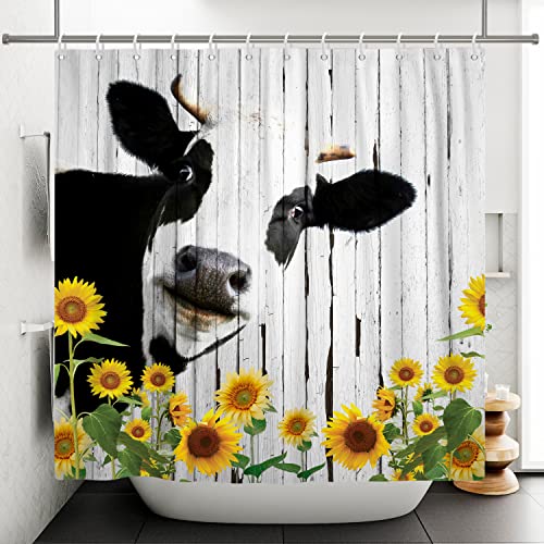 Ttincceer 152x183cm Kuh Duschvorhang Schwarz Weiß Tier Highland Kuh mit Sonnenblume Badvorhang Lustige Bauernhof Tier Scheune Duschvorhänge Wasserdicht Badewanne Vorhang von Ttincceer