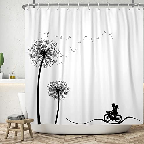 Ttincceer 152x183cm Löwenzahn Duschvorhang Schwarz Weiß Löwenzahn Pflanze Bad Vorhang Junges Paar Radfahren Silhouette Duschvorhänge Einfach Modern Wasserdicht Badewanne Vorhang von Ttincceer