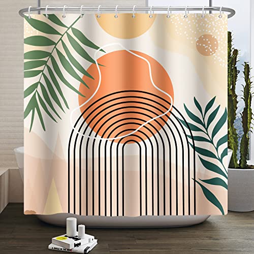 Ttincceer 152x183cm Mid-Century Duschvorhang Orange Sun Line Regenbogen Abstrakt Bad Vorhang Tropische Palme Aquarell Blatt Duschvorhänge Badewanne Vorhang von Ttincceer