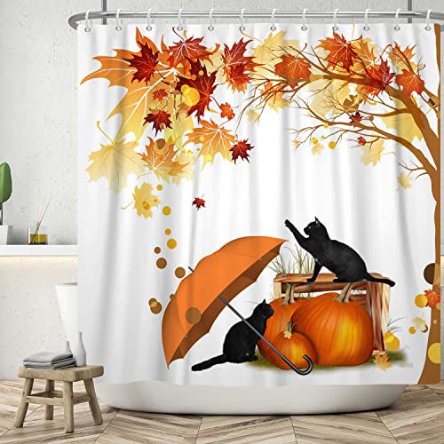 Ttincceer 152x183cm Niedliche Katze Duschvorhang Lustige Schwarze Katze Kürbis Regenschirm Duschvorhang Set Herbst Landschaft Ahornblatt Gefallenes Blatt Bad Vorhang Wasserdicht Badewanne Vorhang von Ttincceer