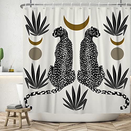 Ttincceer 152x183cm Schwarzer Leopard Duschvorhang Abstrakt Mid-Century Duschvorhang Set Palmblatt Abstrakt Mond Badvorhang Wasserdicht Badewanne Vorhang mit Haken von Ttincceer