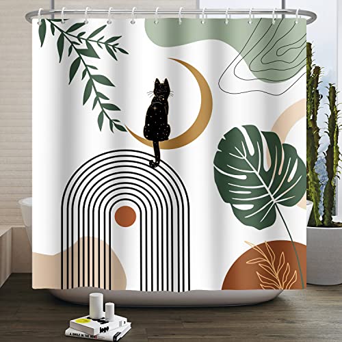 Ttincceer 180x180cm Abstrakter Duschvorhang Schwarz Funkelnde Katze Abstrakt Mond Boho Bad Vorhang Tropische Pflanze Palme Monstera Blatt Duschvorhänge Wasserdicht Badewanne Vorhang von Ttincceer