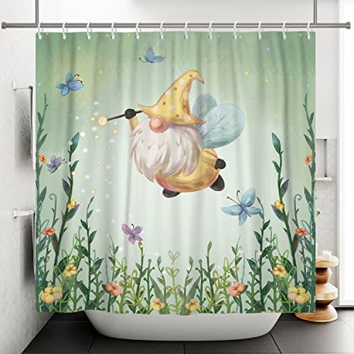 Ttincceer 180x180cm Elf Gnom Duschvorhang Gelb Gnom Frühling Sommer Grün Pflanze Badezimmer Vorhang Wasserdicht Schmetterling Blume Duschvorhänge Waschbar Badewanne Vorhang von Ttincceer