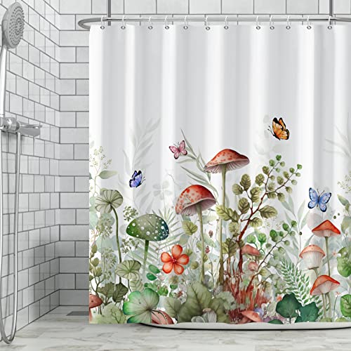 Ttincceer 180x180cm Pilz Duschvorhang Wilde Pflanze Rot Pilz Grün Blatt Bad Vorhang Bunte Schmetterling Aquarell Botanische Blume Duschvorhänge Wasserdicht Badewanne Vorhang von Ttincceer