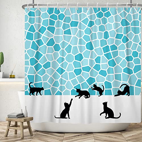 Ttincceer 180x180cm Schwarze Katze Duschvorhang Niedliche Tier Kätzchen Silhouette Duschvorhang Set Blau Mosaik Lustige Haustier Bad Vorhang Wasserdicht Badewanne Vorhang von Ttincceer