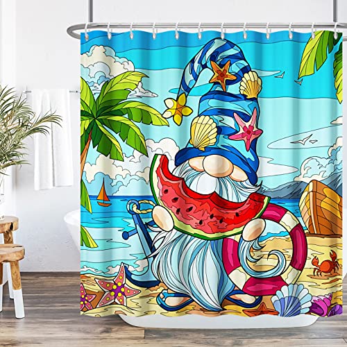 Ttincceer 180x180cm Sommer Gnom Duschvorhang Aquarell Blau Strand Gnom Badezimmer Vorhang Cartoon Tropische Küstenlandschaft Duschvorhänge Wasserdicht Badewanne Vorhang von Ttincceer