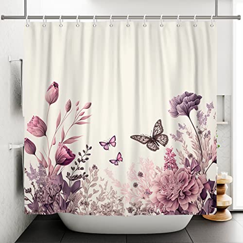 Ttincceer 180x200cm Blume Duschvorhang Retro Lila Floral Schmetterling Bad Vorhang Vintage Garten Landschaft Blumen Blühende Duschvorhänge Wasserdicht Badewanne Vorhang von Ttincceer