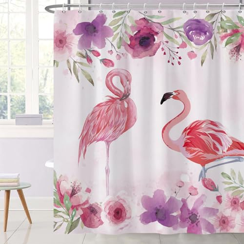 Ttincceer 180x200cm Flamingo Duschvorhang Aquarell Blume Tropisches Tier Badvorhang Rot Paar Flamingo Duschvorhänge Wasserdicht Badewanne Vorhang mit Haken von Ttincceer