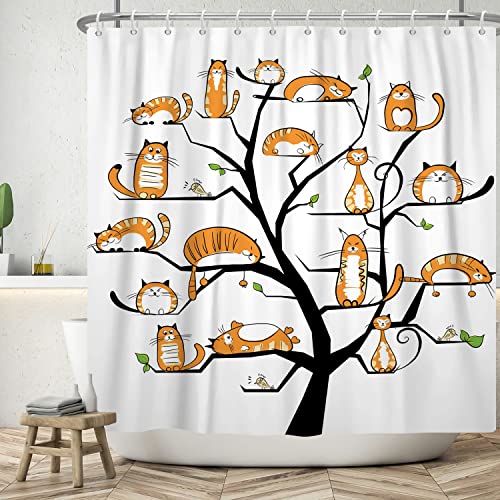 Ttincceer 180x200cm Katze Baum Duschvorhang Set Orange niedlich Kätzchen Bad Vorhang Aquarell lustige Tier Haustier Katze Dusche Vorhänge waschbar Badewanne Vorhang für Bad Dekor von Ttincceer