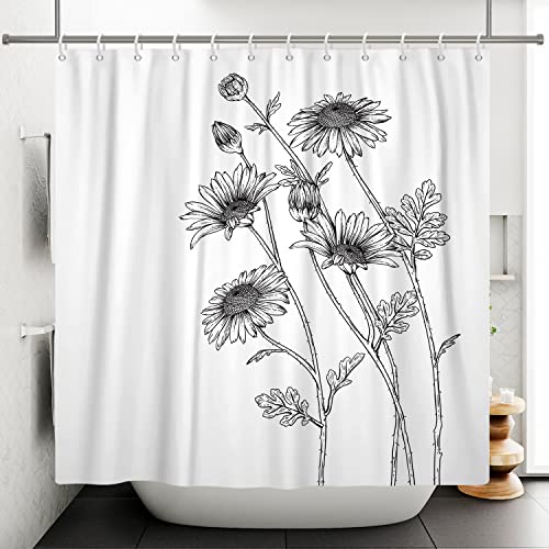 Ttincceer 180x200cm Sonnenblume Duschvorhang Schwarz Weiß Blumen Duschvorhang Einfache Skizze Floral Botanical Bad Vorhang Wasserdicht Badewanne Vorhang von Ttincceer