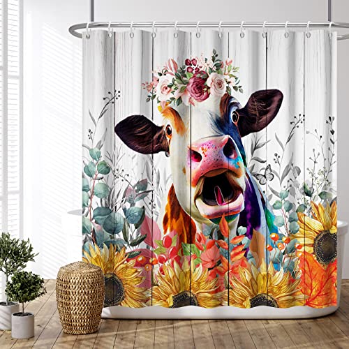 Ttincceer Kuh Herbst Duschvorhang für Badezimmer 183x183cm Highland Kuh Sonnenblume Badezimmervorhang mit Haken Bauernhaus Tier Retro Holz Botanischer Badevorhang Polyester Badewannenvorhang von Ttincceer