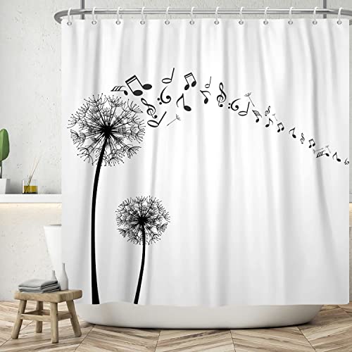 Ttincceer 183x213cm Einfacher Löwenzahn Duschvorhang Schwarz Weiß Pflanze Löwenzahn Wasserdicht Duschvorhang Set Musiknoten Minimalistisch Badvorhang Waschbar Badewanne Vorhang von Ttincceer