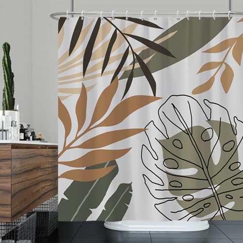 Ttincceer Abstrakte Duschvorhang für Bad 180x200cm Mid Century Tropical Plant Boho Aquarell Braun Palmenblätter Wasserdicht Dekorative von Ttincceer