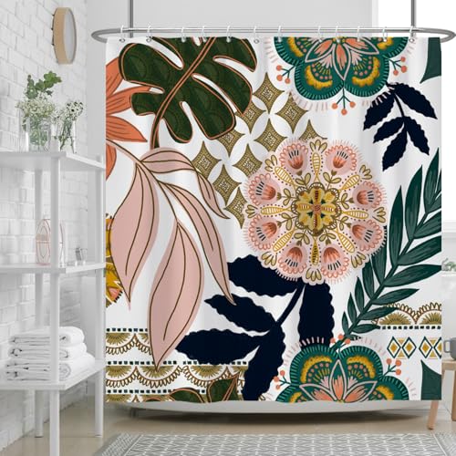 Ttincceer Blume Boho Duschvorhang 180x180cm Mid Century Bunte Floral Badezimmer Vorhang Tropische Pflanze Blätter Duschvorhänge Wasserdicht Badewanne Vorhang von Ttincceer