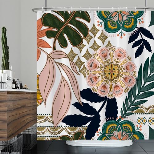 Ttincceer Blume Boho Duschvorhang Set 152x183cm Mid Century Bunte Floral Badezimmer Vorhang Tropische Pflanze Blätter Duschvorhänge Wasserdicht Badewanne Vorhang von Ttincceer