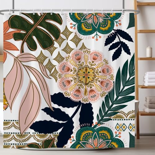 Ttincceer Blume Boho Duschvorhang Set 180x200cm Mid Century Bunte Floral Badezimmer Vorhang Tropische Pflanze Blätter Duschvorhänge Wasserdicht Badewanne Vorhang von Ttincceer