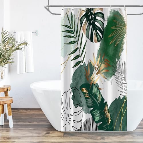 Ttincceer Boho Duschvorhang Abstrakt Palmblatt Bohemian Art Badezimmer Vorhänge 90x183cm Mid Century Golden Green Tropical Leaves Waschbar Duschvorhang Badezimmer Dekor wasserdicht von Ttincceer