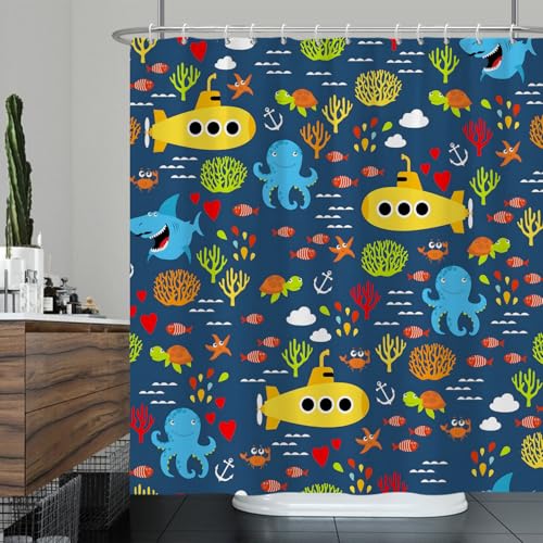 Ttincceer Cartoon U-Boot Duschvorhang Marine Life Octopus Shark Tropical Fish Badezimmer Vorhang Unterwasserwelt U-Boot Landschaft Duschvorhang Set 180x200cm von Ttincceer