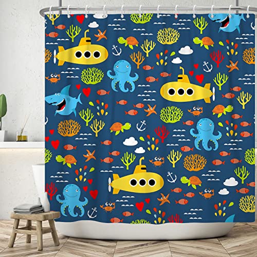 Ttincceer Cartoon U-Boot Duschvorhang Marine Life Octopus Shark Tropical Fish Badezimmer Vorhang Unterwasserwelt U-Boot Landschaft Duschvorhang Set 183x213cm von Ttincceer