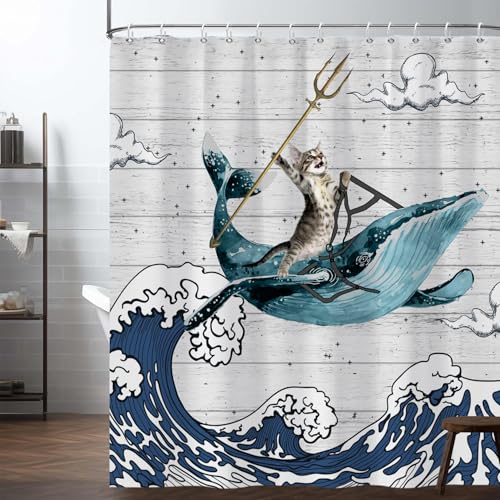 Ttincceer Cool Cat Duschvorhang Katze reiten Wal im Ozean Duschvorhänge für Kinder Badezimmer Dekor rustikalen hölzernen Bauernhaus Duschvorhang mit Haken wasserdicht 180x200cm von Ttincceer
