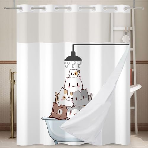 Ttincceer Duschvorhang Hakenlos Cartoon Katze Duschvorhang mit Snap in Liner Cute Kitten Double Layer Bad Vorhang Duschen Katze wasserdicht Badewanne Vorhang 180x188cm von Ttincceer