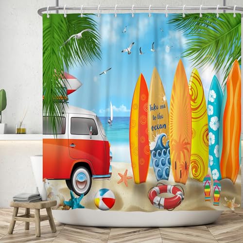 Ttincceer Duschvorhang Strand am Meer 213x183cm Rot LKW Bunte Surfbrett Palmenblätter Badezimmer Vorhang Tropische Pflanze Blatt Möwe Blau Meer Duschvorhänge Waschbar Bad Vorhang von Ttincceer