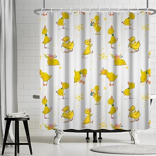 Ttincceer Gelbe Ente Duschvorhang mit Haken, Cartoon Niedliche Tier Ente Haustier Badezimmer Vorhang Lustige Tier Gelbe Blume Bad Vorhang Wasserdicht Badewanne Vorhang 152x183cm von Ttincceer