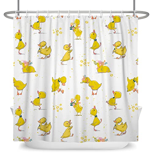 Ttincceer Gelbe Ente Duschvorhang mit Haken, Cartoon Niedliche Tier Ente Haustier Badezimmer Vorhang Lustige Tier Gelbe Blume Bad Vorhang Wasserdicht Badewanne Vorhang 183x183cm von Ttincceer