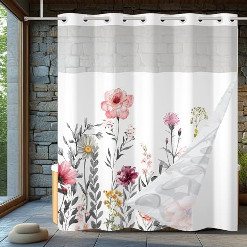 Ttincceer Hakenlose Blume Duschvorhang mit Snap in Liner No Hook Aquarell Floral Eukalyptus Blätter Badezimmer Vorhang mit See Through Top Fenster Double Layer Badezimmer dekorative 180x180cm von Ttincceer