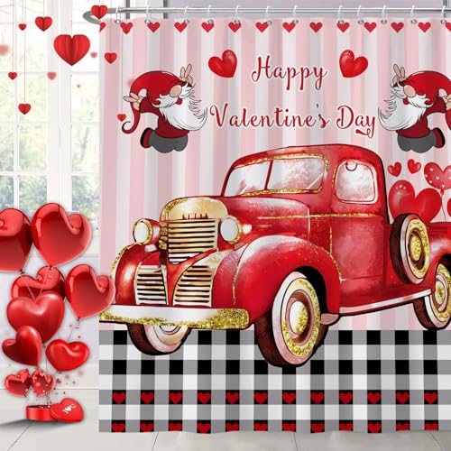 Ttincceer Happy Valentine 's Day Duschvorhang Rot Truck Happy GNOME Badvorhang Schwarz Weiß Kariert Badezimmer Dekoration Vorhang Wasserdicht Badewanne Vorhang 152x183cm von Ttincceer