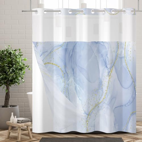 Ttincceer Keine Haken Blauer Marmor Duschvorhang mit Snap in Liner Baby Blaue Marmor Textur Hookless Duschvorhänge mit See Through Top Fenster Doppelte Schichten Badezimmer Dekorative 183x213cm von Ttincceer