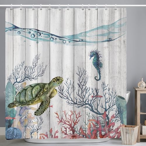 Ttincceer Meeresschildkröte Duschvorhang 180x180cm Vintage Holzboden Ozean Seepferdchen Badezimmer Vorhang U-Boot Landschaft Aquarell Marine Leben Koralle Duschvorhänge von Ttincceer