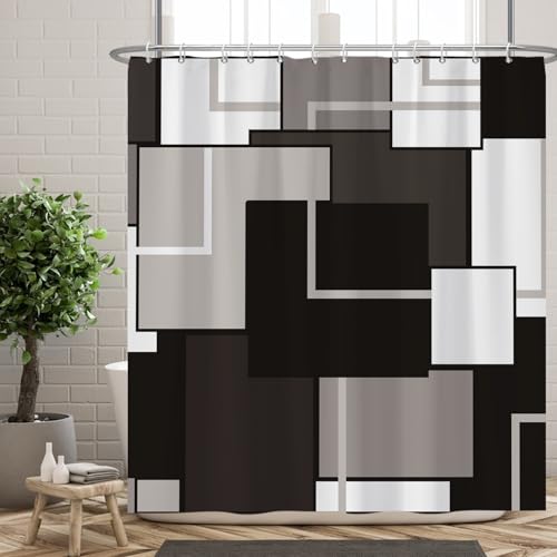 Ttincceer Schwarz Geometrischer Duschvorhang 180x200cm Abstrakt Schwarz Weiß Grau Gitter Moderner Duschvorhang Minimalistisch Mid-Century Badezimmer Kunst Vorhang Wasserdicht von Ttincceer