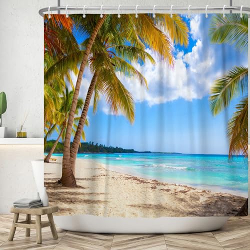 Ttincceer Strand am Meer Duschvorhang 180x150cm Sommer Meerwasser Kokosnuss Baum Foto Badezimmer Vorhang Blau Himmel Weiß Wolken Sand Duschen Vorhang für Sommerurlaub Badezimmer von Ttincceer