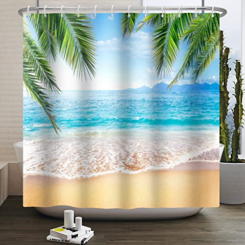 Ttincceer Strand Duschvorhang mit Haken 180x180cm 3D Wave Blue Ocean Palm Tree Polyester Badezimmer Vorhang Hawaii Seaside View Duschvorhang Set Wasserdicht Badewanne Vorhang von Ttincceer