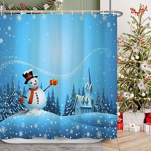 Ttincceer Weihnachten Schneemann Duschvorhang 152x183cm Cartoon Schneemann Wald Schnee Szene Bad Vorhang Schneeflocke Shining Star Badezimmer Vorhang Wasserdicht Badewanne Vorhang von Ttincceer